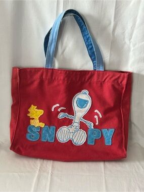 VTG Snoopy Red Canvas Tote Bag with Blue Handles 15”L x 13” - Faded